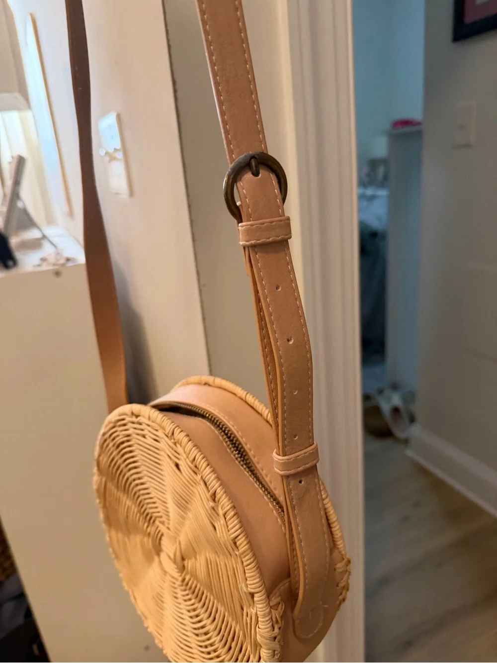 Woven Round Natural Tan Crossbody Bag